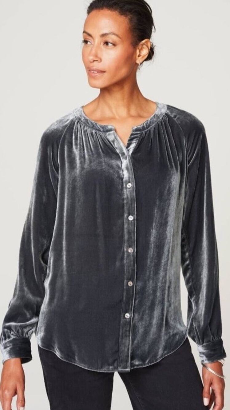 J.Jill Silver velvet Blouse silk blend Luxury Slate button down Cocktail Party M